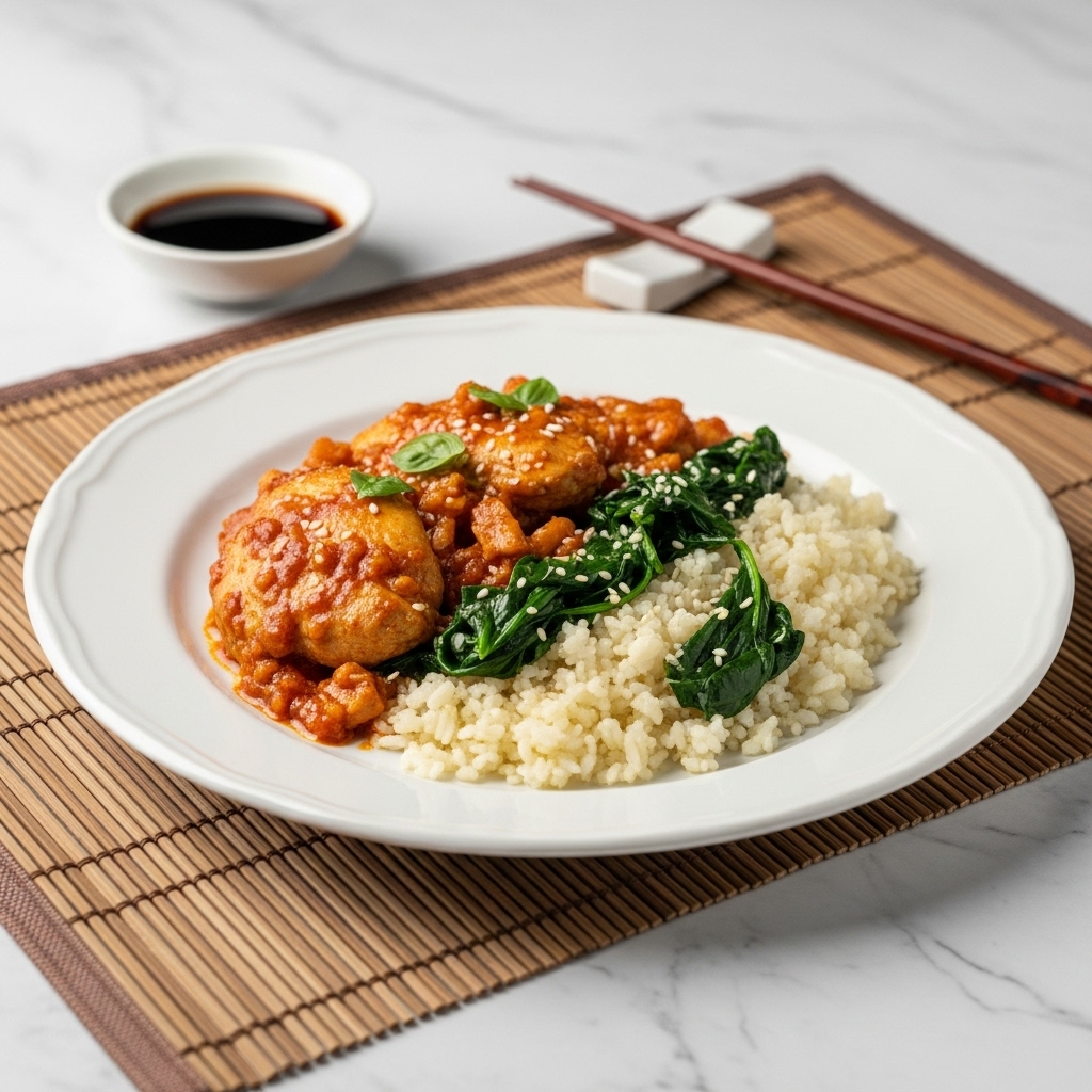 Delectable Hungarian Keto Chicken Paprikás with Cauliflower Rice and Garlic-Infused Spinach